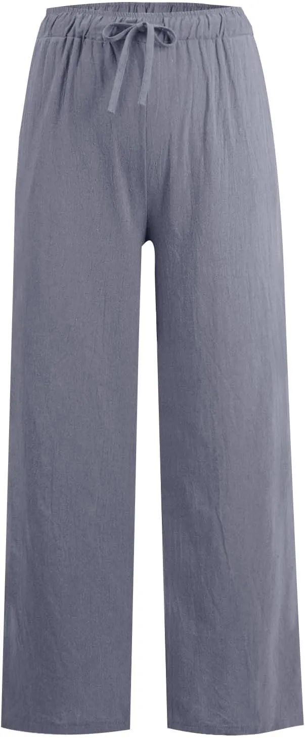 Linen Pants for Women Summer Beach Wide Leg Lounge Pant Elastic Drawstring Casual Trousers with Pockets