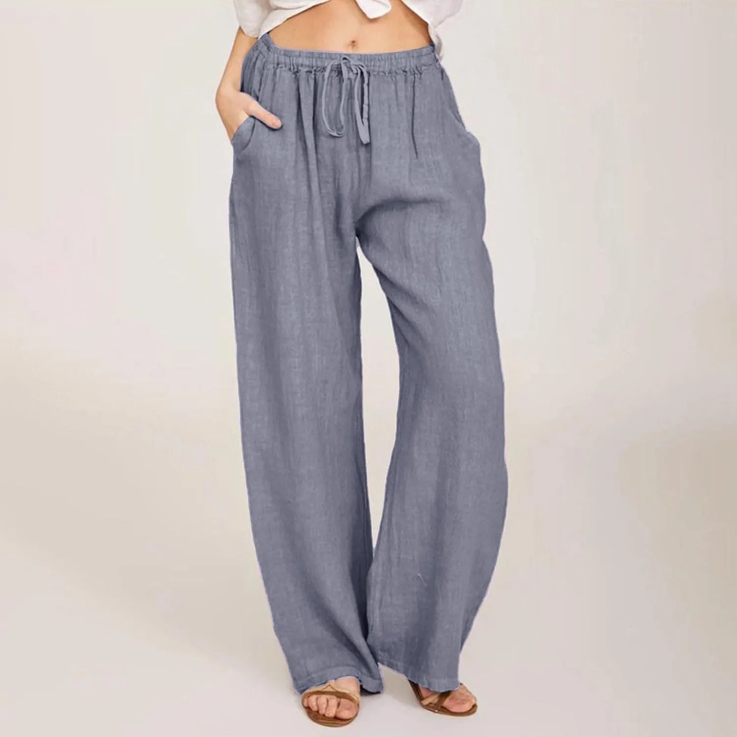 Linen Pants for Women Summer Beach Wide Leg Lounge Pant Elastic Drawstring Casual Trousers with Pockets