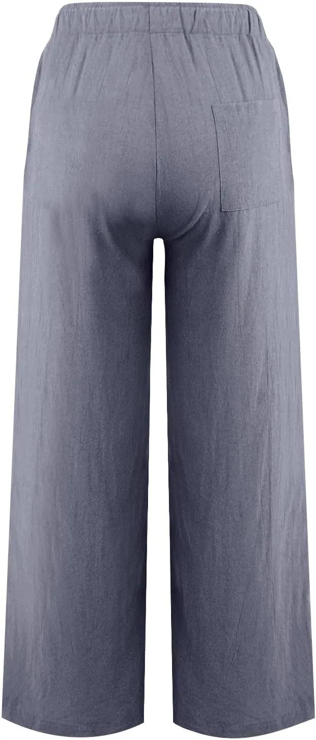 Linen Pants for Women Summer Beach Wide Leg Lounge Pant Elastic Drawstring Casual Trousers with Pockets