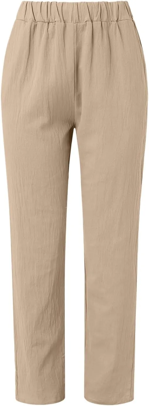Linen Pants for Women Summer Casual Elastic High Waist Straight Leg Lounge Pants Beach Plus Size Lightweight Trousers