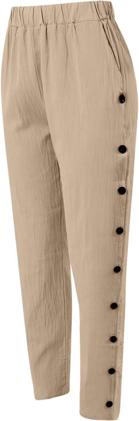 Linen Pants for Women Summer Casual Elastic High Waist Straight Leg Lounge Pants Beach Plus Size Lightweight Trousers