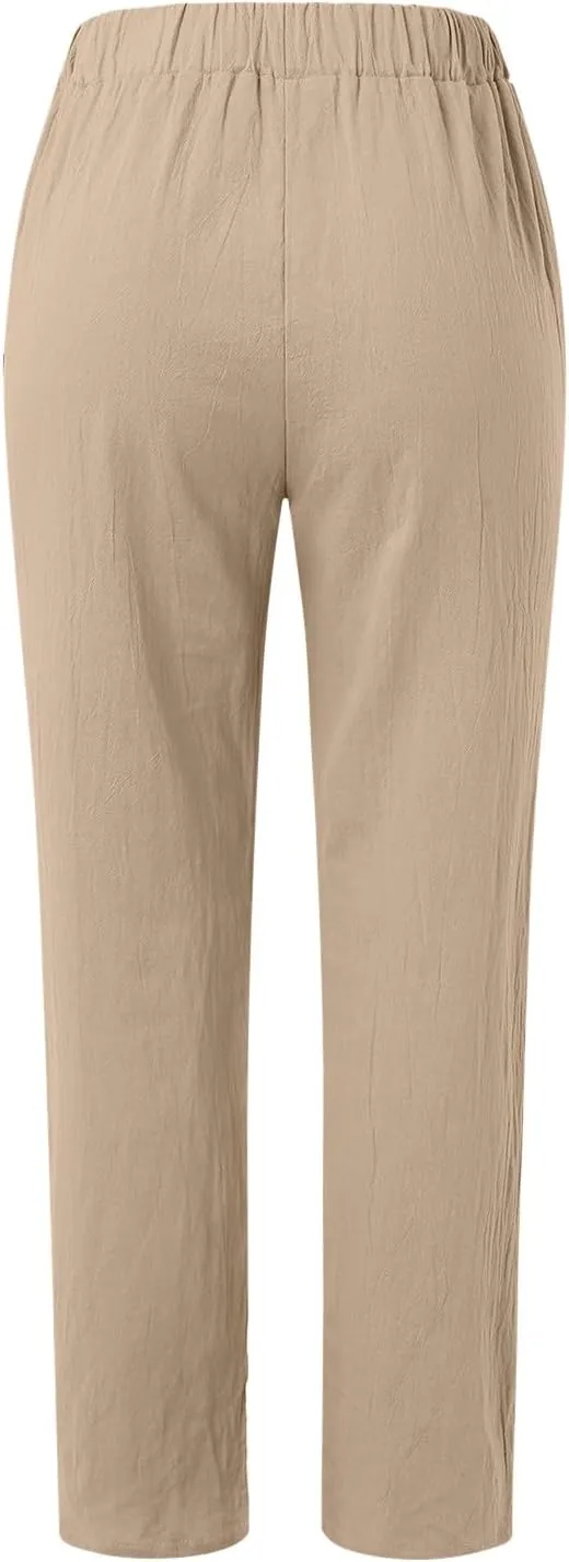 Linen Pants for Women Summer Casual Elastic High Waist Straight Leg Lounge Pants Beach Plus Size Lightweight Trousers
