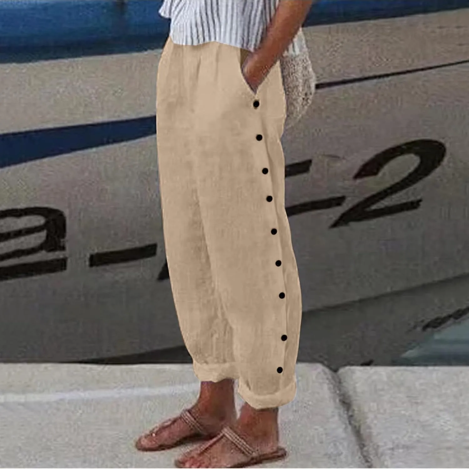 Linen Pants for Women Summer Casual Elastic High Waist Straight Leg Lounge Pants Beach Plus Size Lightweight Trousers