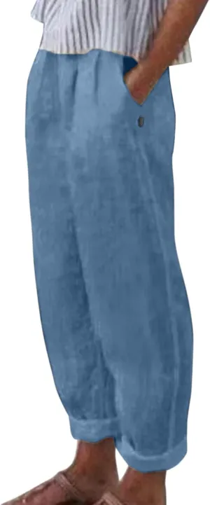 Linen Pants for Women Summer Casual Loose Beach Pant Lightweight High Waist Cropped Baggy Trousers with Pockets
