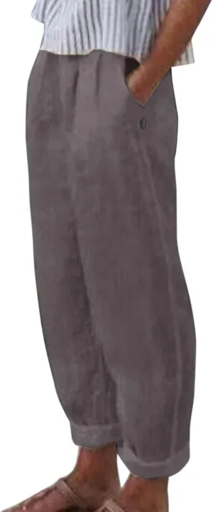 Linen Pants for Women Summer Casual Loose Beach Pant Lightweight High Waist Cropped Baggy Trousers with Pockets