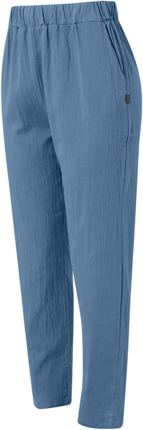 Linen Pants for Women Summer Casual Loose Beach Pant Lightweight High Waist Cropped Baggy Trousers with Pockets