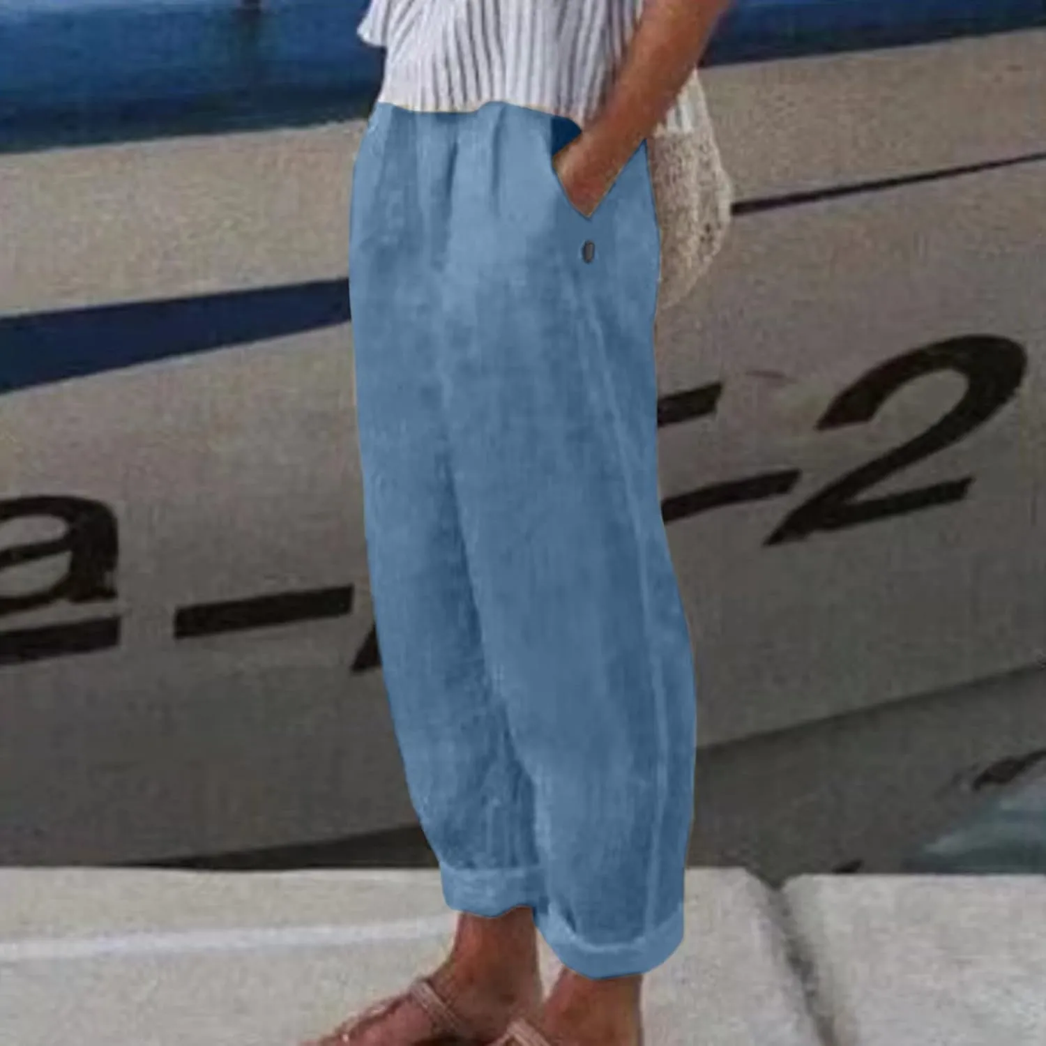 Linen Pants for Women Summer Casual Loose Beach Pant Lightweight High Waist Cropped Baggy Trousers with Pockets