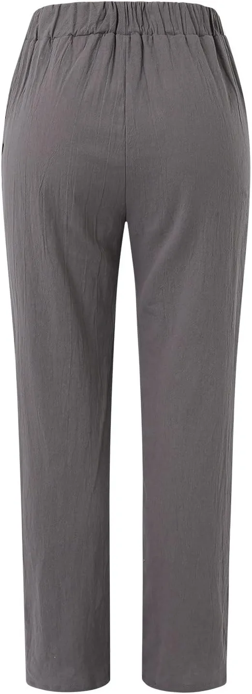 Linen Pants for Women Summer Casual Loose Beach Pant Lightweight High Waist Cropped Baggy Trousers with Pockets