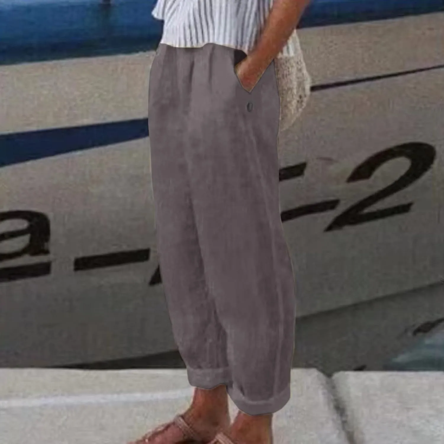 Linen Pants for Women Summer Casual Loose Beach Pant Lightweight High Waist Cropped Baggy Trousers with Pockets