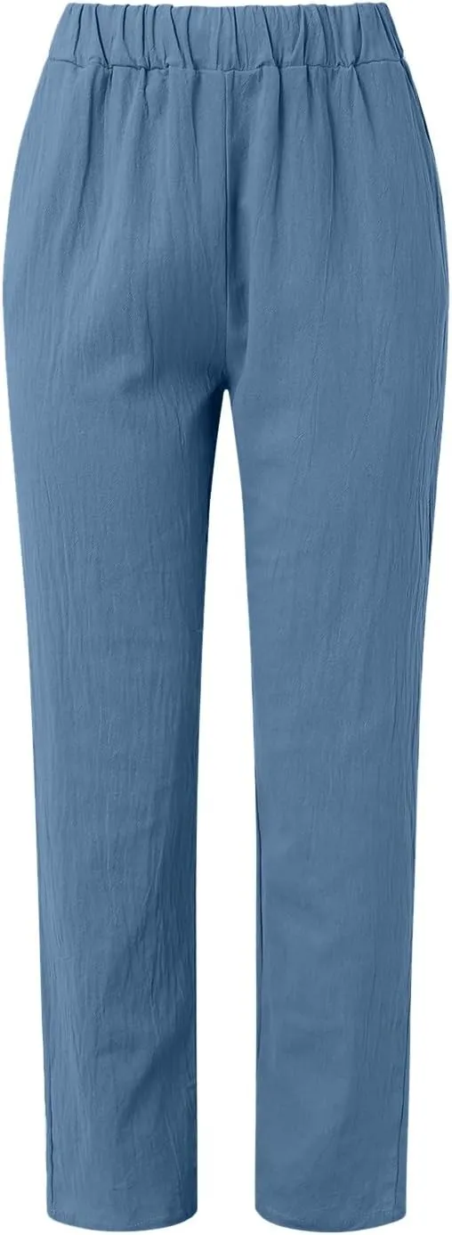 Linen Pants for Women Summer Casual Loose Beach Pant Lightweight High Waist Cropped Baggy Trousers with Pockets