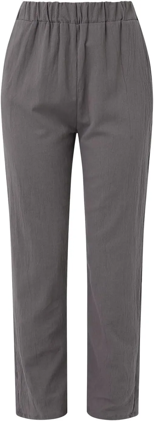Linen Pants for Women Summer Casual Loose Beach Pant Lightweight High Waist Cropped Baggy Trousers with Pockets