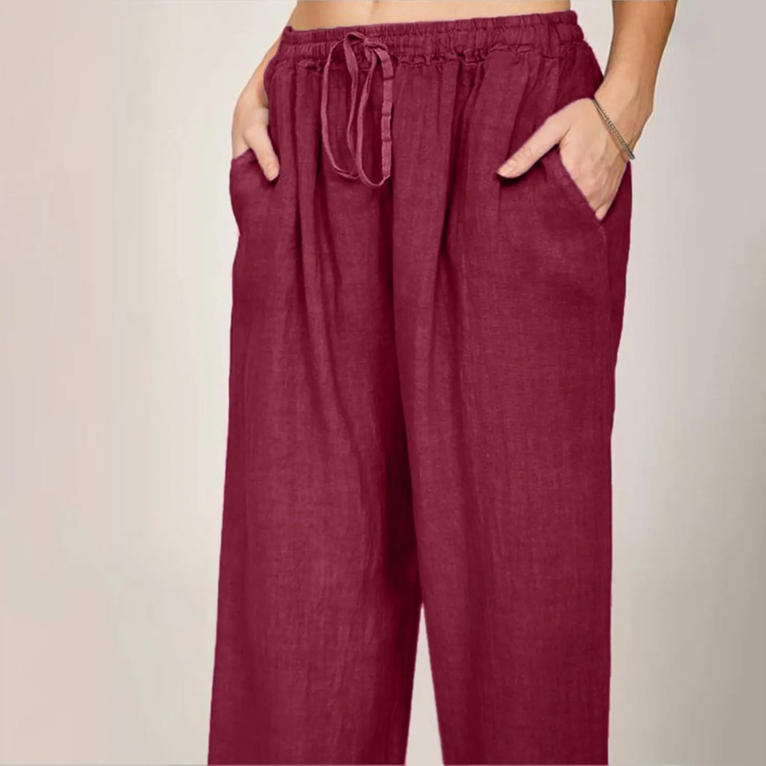 Linen Pants for Women Summer Casual Solid Color Loose Fit Palazzo Trousers Stretch Wide Leg Pants Cropped Pants