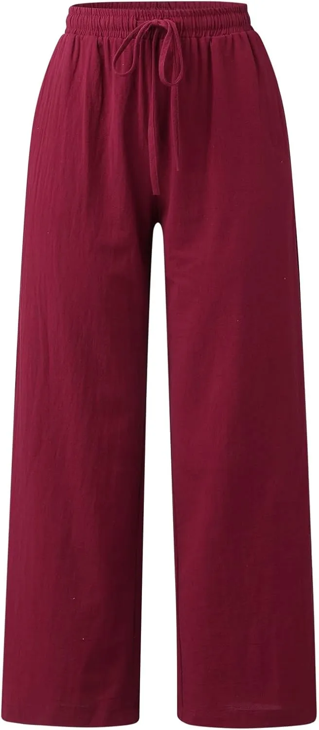 Linen Pants for Women Summer Casual Solid Color Loose Fit Palazzo Trousers Stretch Wide Leg Pants Cropped Pants