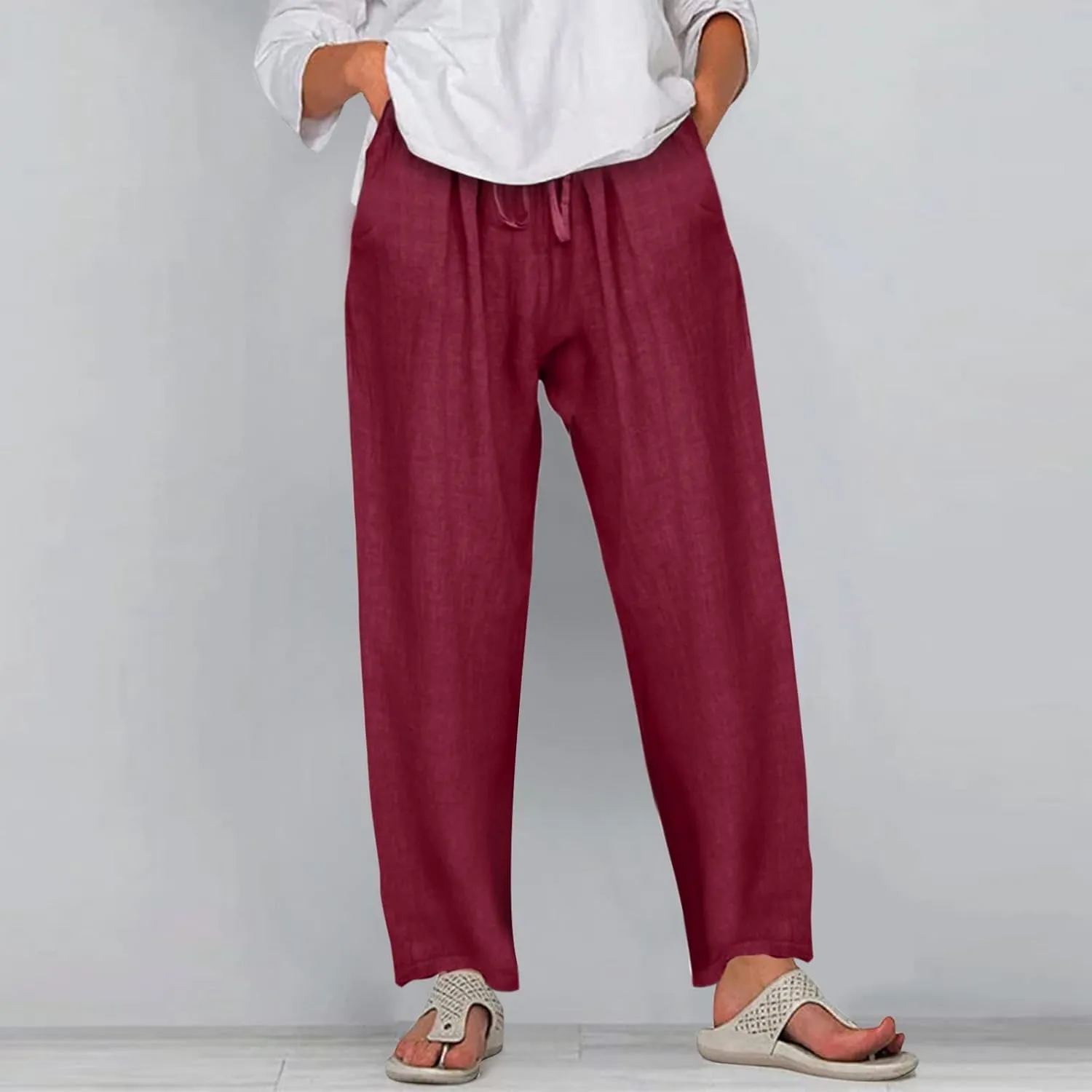 Linen Pants for Women Summer Casual Solid Color Loose Fit Palazzo Trousers Stretch Wide Leg Pants Cropped Pants
