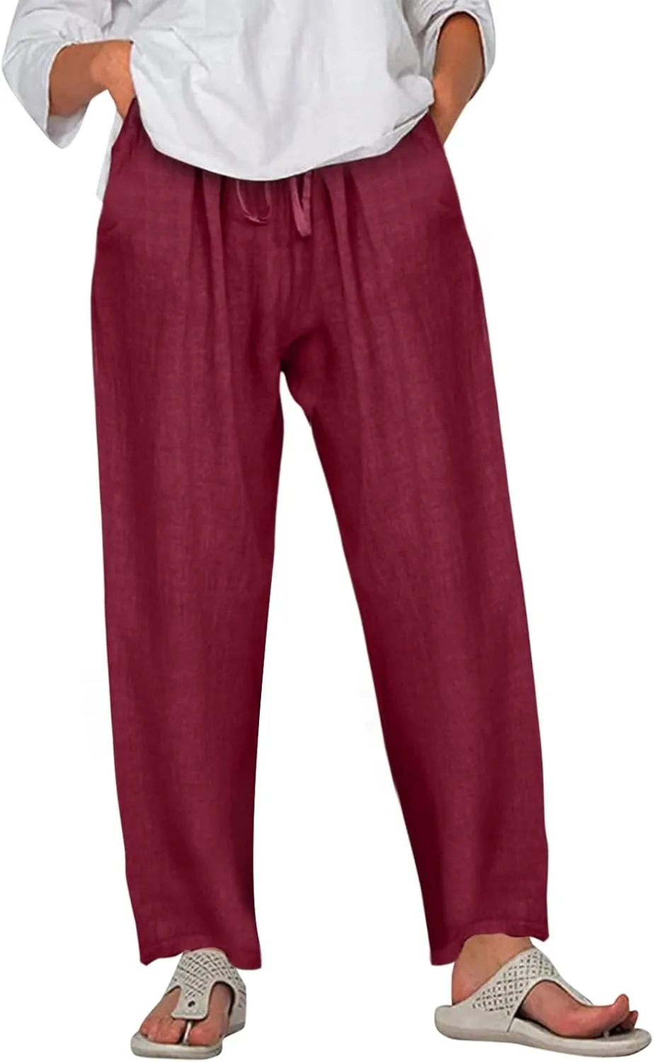 Linen Pants for Women Summer Casual Solid Color Loose Fit Palazzo Trousers Stretch Wide Leg Pants Cropped Pants