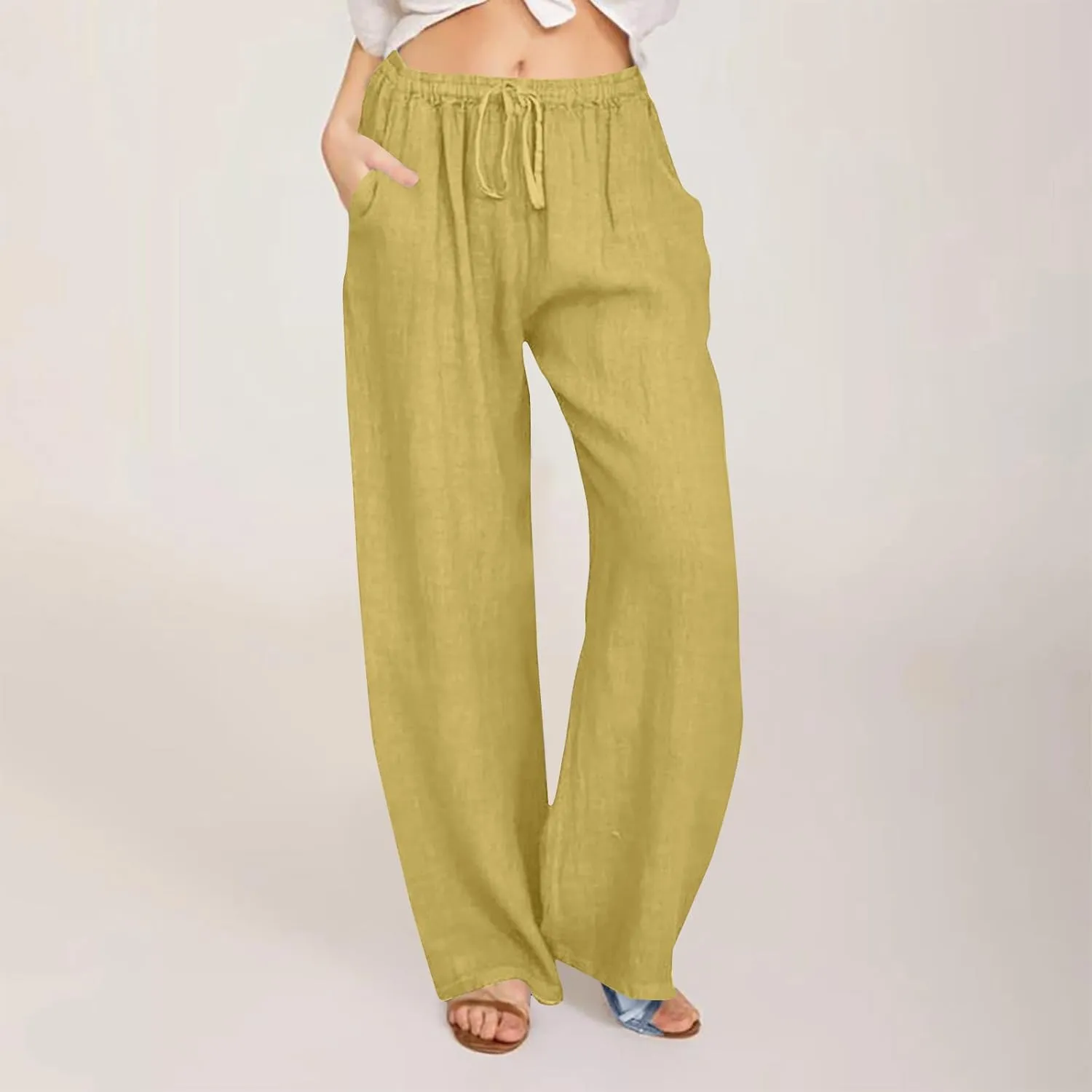 Linen Pants for Women Wide Leg Casual Drawstring Elastic Waist Trousers Solid Color Lounge Pants with Pockets