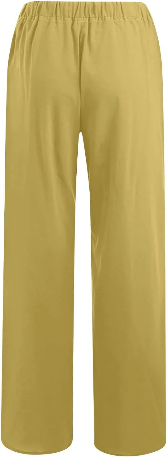Linen Pants for Women Wide Leg Casual Drawstring Elastic Waist Trousers Solid Color Lounge Pants with Pockets