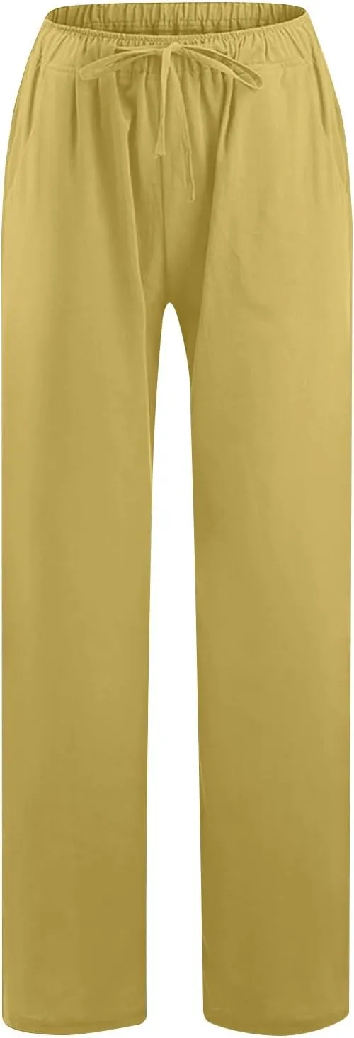 Linen Pants for Women Wide Leg Casual Drawstring Elastic Waist Trousers Solid Color Lounge Pants with Pockets