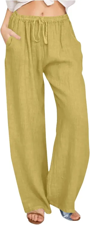 Linen Pants for Women Wide Leg Casual Drawstring Elastic Waist Trousers Solid Color Lounge Pants with Pockets
