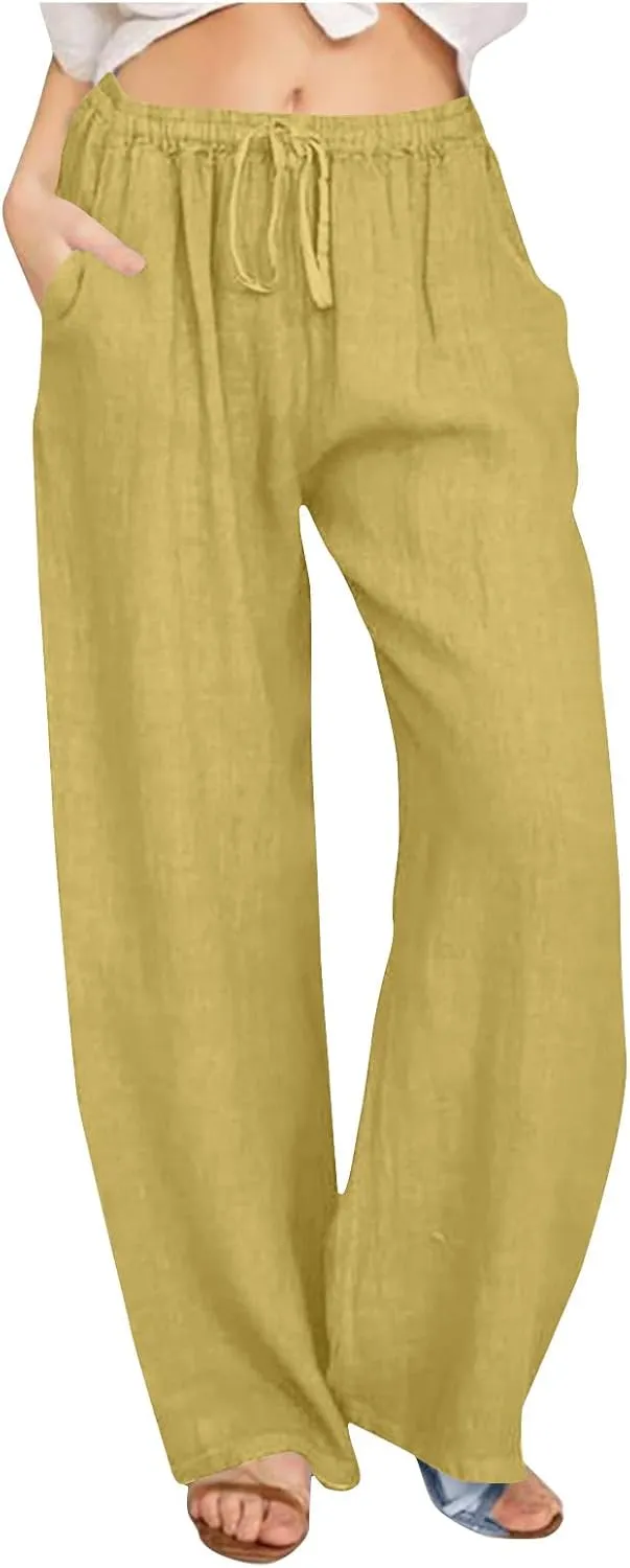 Linen Pants for Women Wide Leg Casual Drawstring Elastic Waist Trousers Solid Color Lounge Pants with Pockets