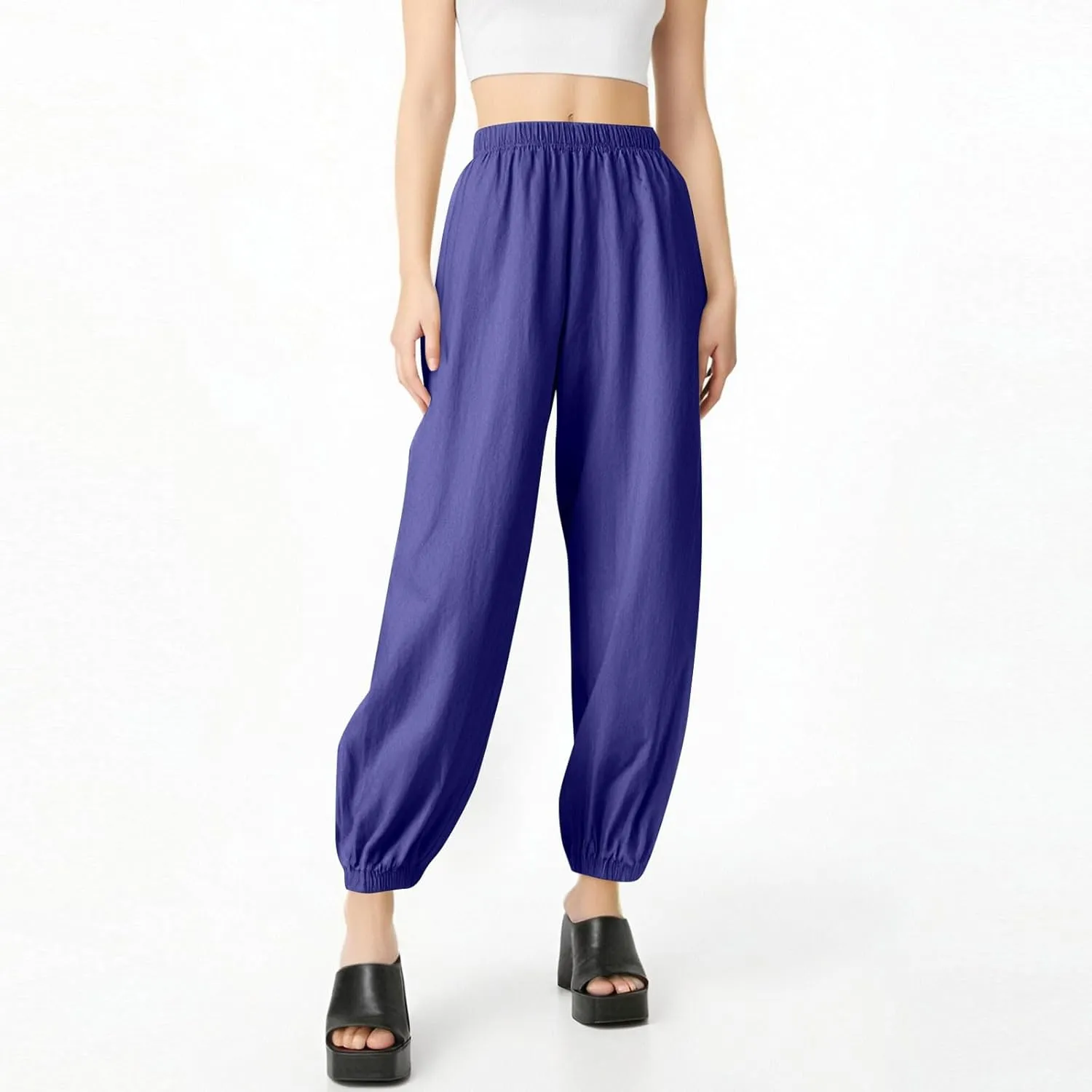 Linen Pants for Women Wide Leg Elastic Waist Pant Casual Loose Cotton Linen Palazzo Cropped Trousers with Pockets