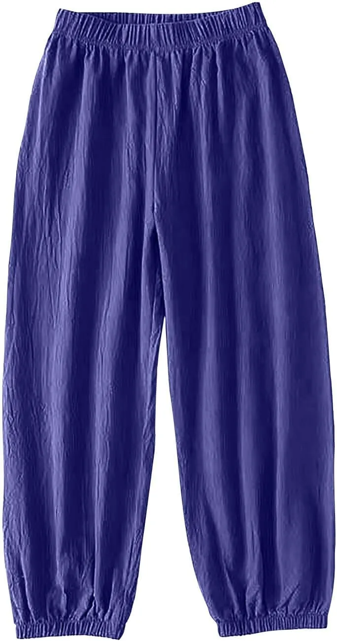 Linen Pants for Women Wide Leg Elastic Waist Pant Casual Loose Cotton Linen Palazzo Cropped Trousers with Pockets