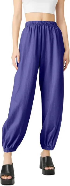 Linen Pants for Women Wide Leg Elastic Waist Pant Casual Loose Cotton Linen Palazzo Cropped Trousers with Pockets