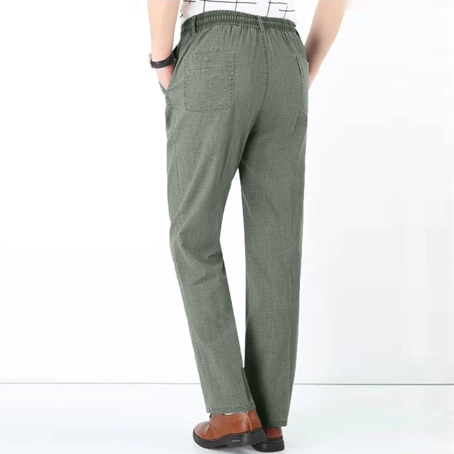 Linen Pants Men Big and Tall Elastic Waist Straight Wide Leg Baggy Trousers Plus Size Lightweight Slim Fit Casual Pants
