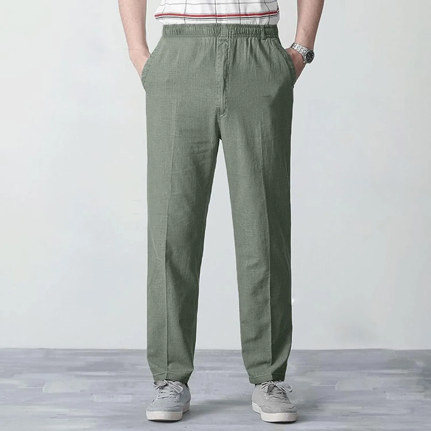 Linen Pants Men Big and Tall Elastic Waist Straight Wide Leg Baggy Trousers Plus Size Lightweight Slim Fit Casual Pants