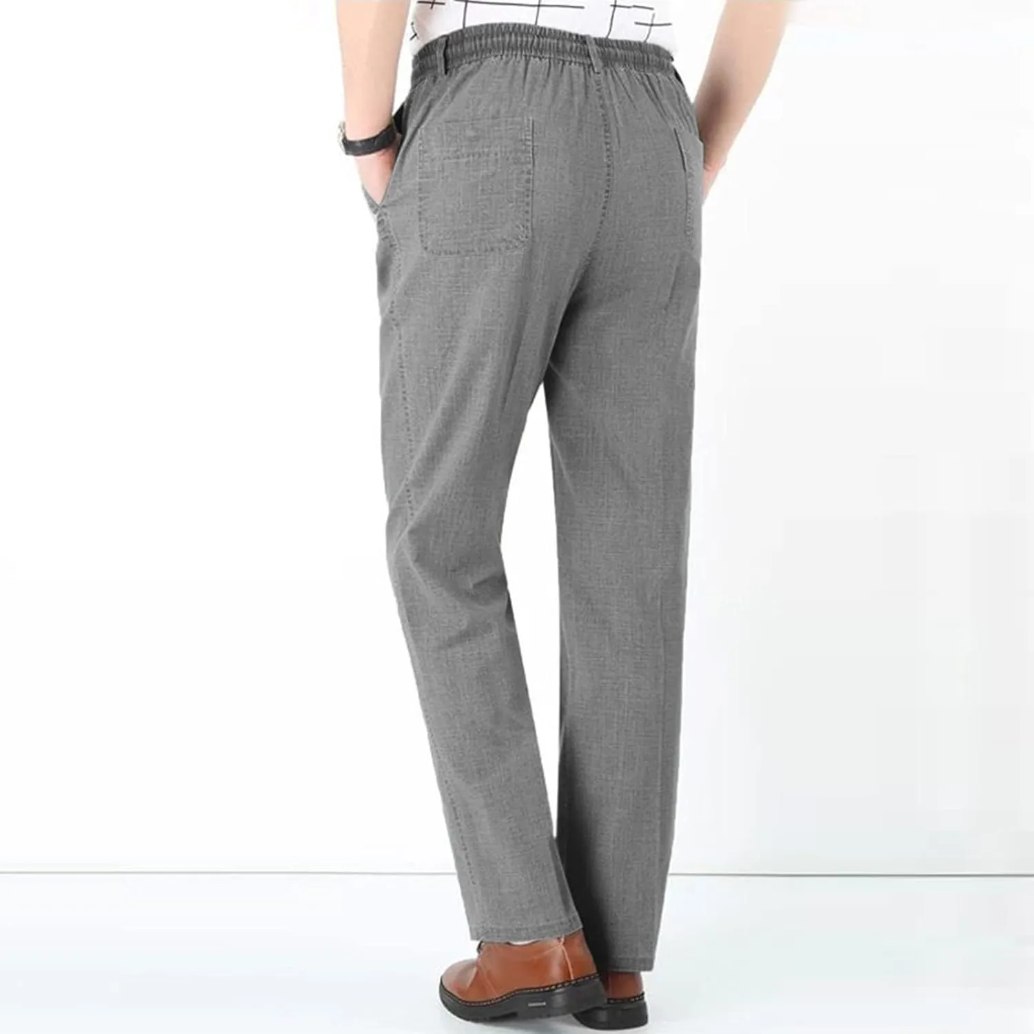 Linen Pants Men Big and Tall Elastic Waist Straight Wide Leg Baggy Trousers Plus Size Lightweight Slim Fit Casual Pants
