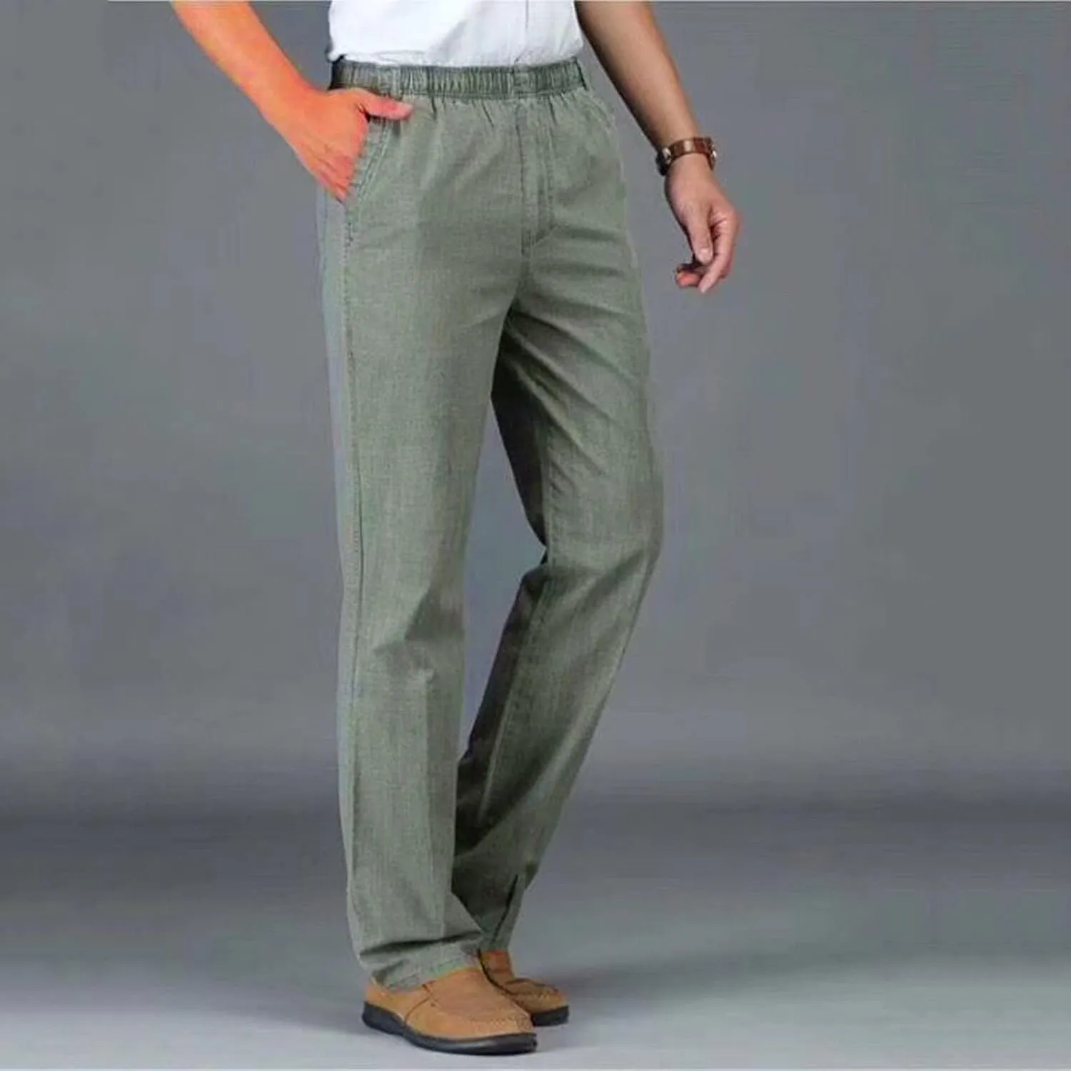Linen Pants Men Big and Tall Elastic Waist Straight Wide Leg Baggy Trousers Plus Size Lightweight Slim Fit Casual Pants