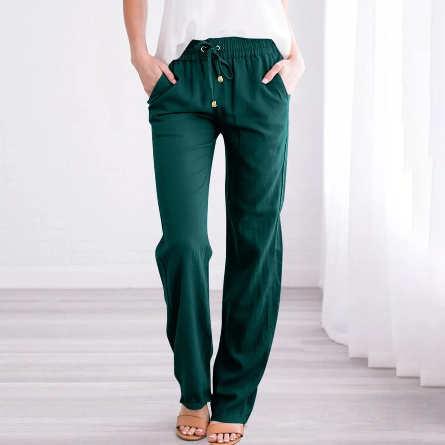 Linen Pants Women 2025 Summer Drawstring Pants Casual Loose Wide Leg Lounge Pants for Beach Travel Vacation