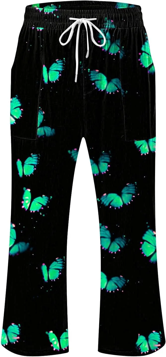 Linen Pants Women Capri Summer High Waisted 3/4 Length Petite Ethnic Print Boho Wide Leg Cotton Linen Cropped Pants