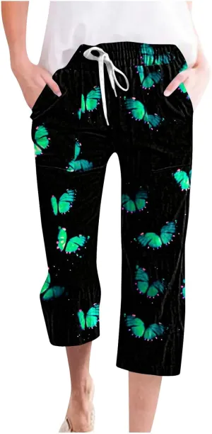 Linen Pants Women Capri Summer High Waisted 3/4 Length Petite Ethnic Print Boho Wide Leg Cotton Linen Cropped Pants