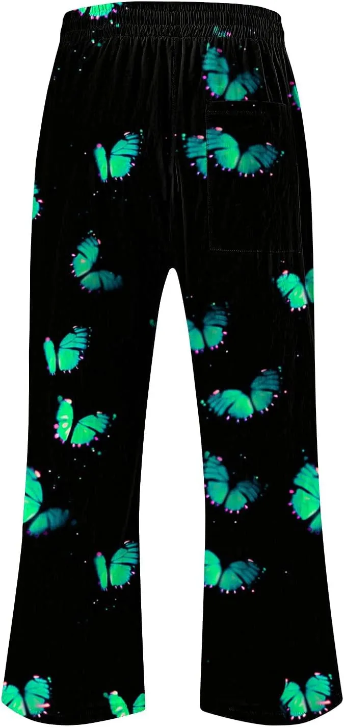 Linen Pants Women Capri Summer High Waisted 3/4 Length Petite Ethnic Print Boho Wide Leg Cotton Linen Cropped Pants