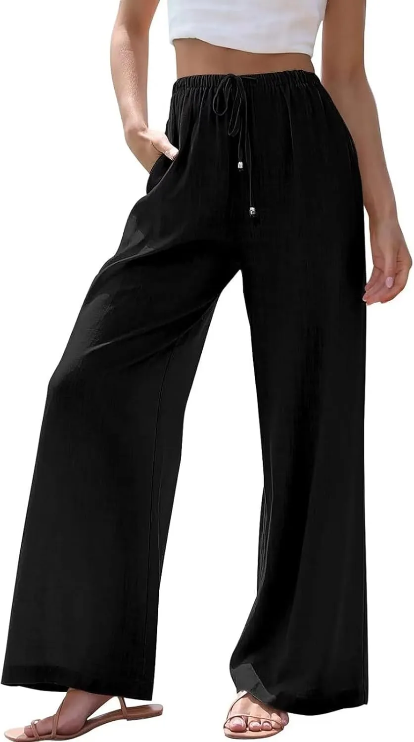 Linen Pants Women Casual Summer Wide Leg Pant 2024 Drawstring High Waist Palazzo Pant with Pockets, Small-X-Large