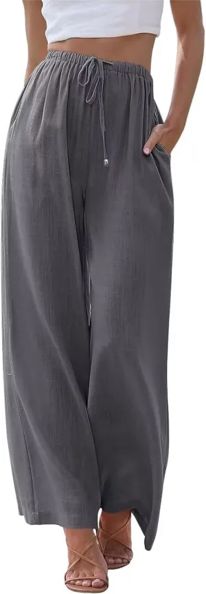 Linen Pants Women Casual Summer Wide Leg Pant 2024 Drawstring High Waist Palazzo Pant with Pockets, Small-X-Large