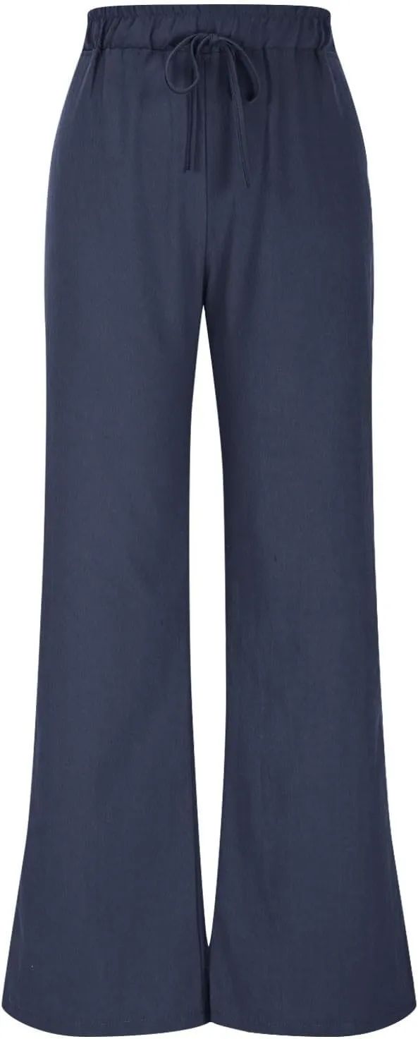 Linen Pants Women Pleated Wide Leg Pants Woman Elastic Waist Drawstring Summer Trousers Flowy Beach Vacation Outfits