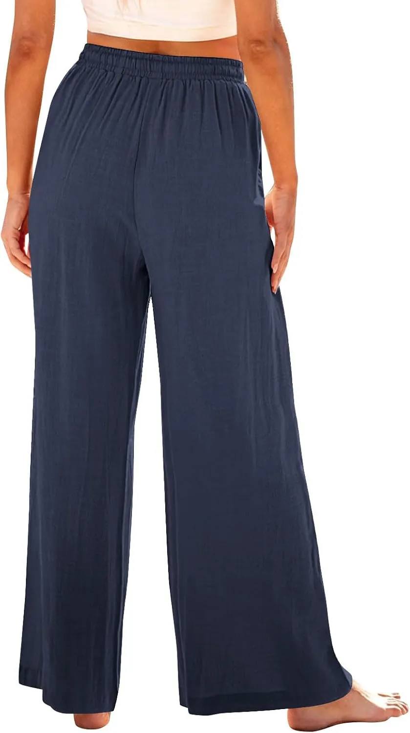 Linen Pants Women Pleated Wide Leg Pants Woman Elastic Waist Drawstring Summer Trousers Flowy Beach Vacation Outfits