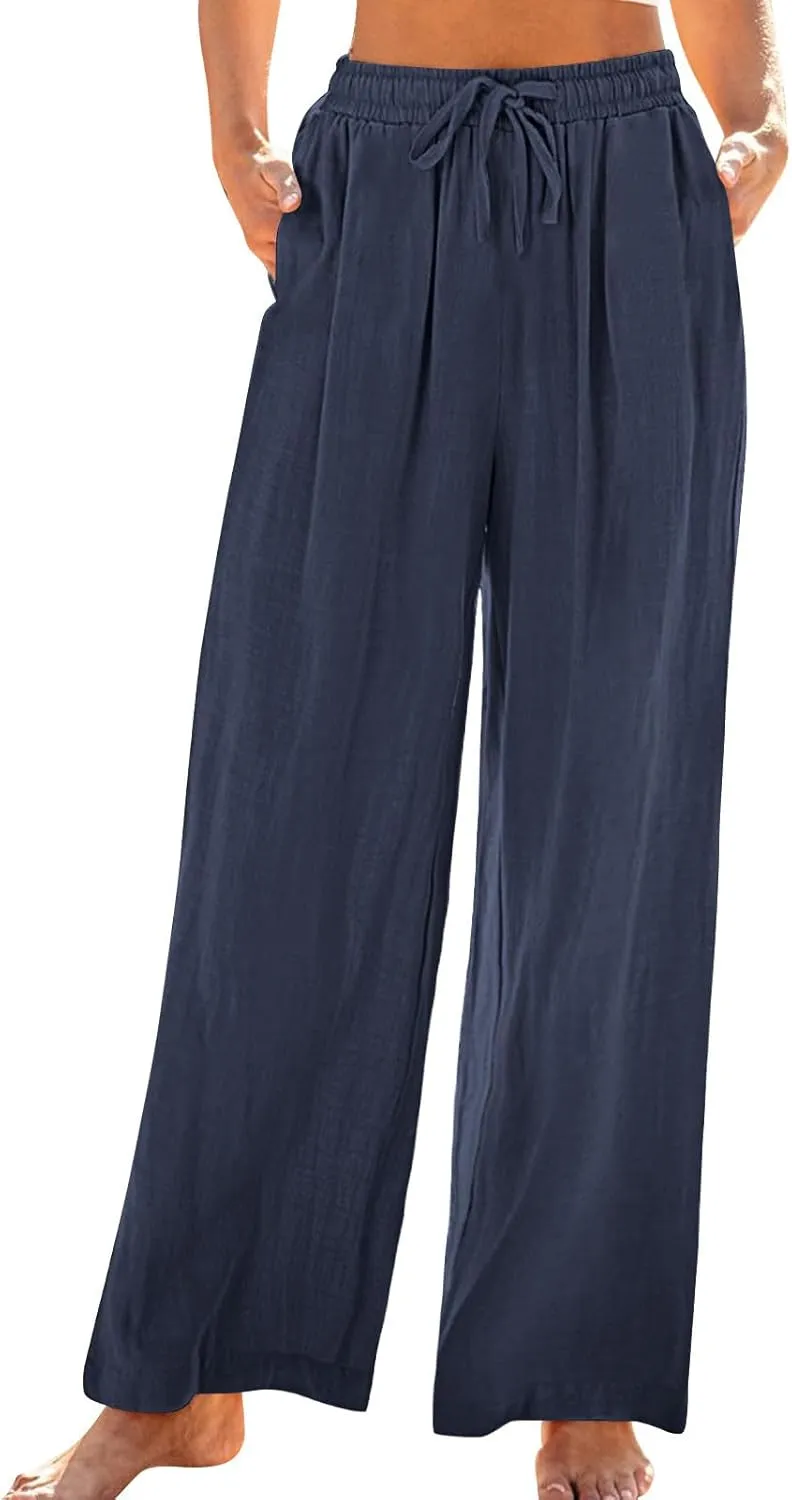 Linen Pants Women Pleated Wide Leg Pants Woman Elastic Waist Drawstring Summer Trousers Flowy Beach Vacation Outfits
