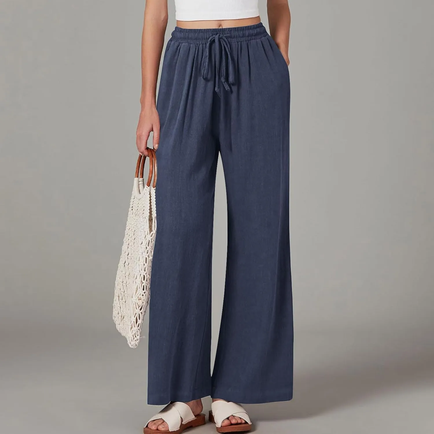 Linen Pants Women Pleated Wide Leg Pants Woman Elastic Waist Drawstring Summer Trousers Flowy Beach Vacation Outfits