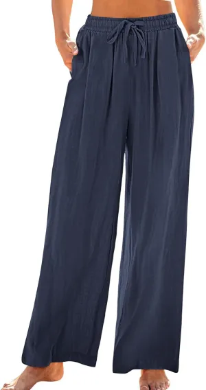 Linen Pants Women Pleated Wide Leg Pants Woman Elastic Waist Drawstring Summer Trousers Flowy Beach Vacation Outfits