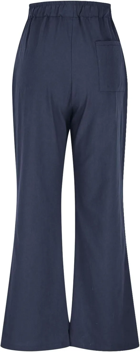 Linen Pants Women Pleated Wide Leg Pants Woman Elastic Waist Drawstring Summer Trousers Flowy Beach Vacation Outfits