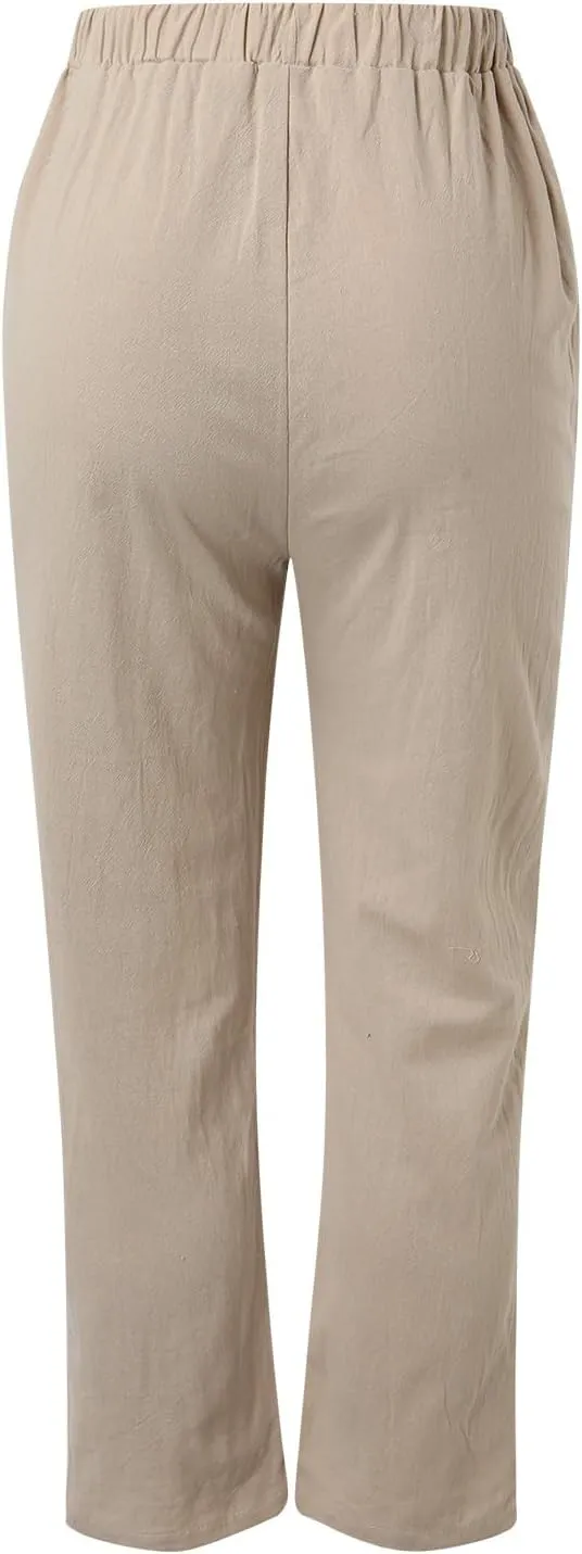 Linen Pants Women Summer Wide Leg Casual Summer High Waisted Lightweight Lounge Slacks Beach Baggy Loose Trousers