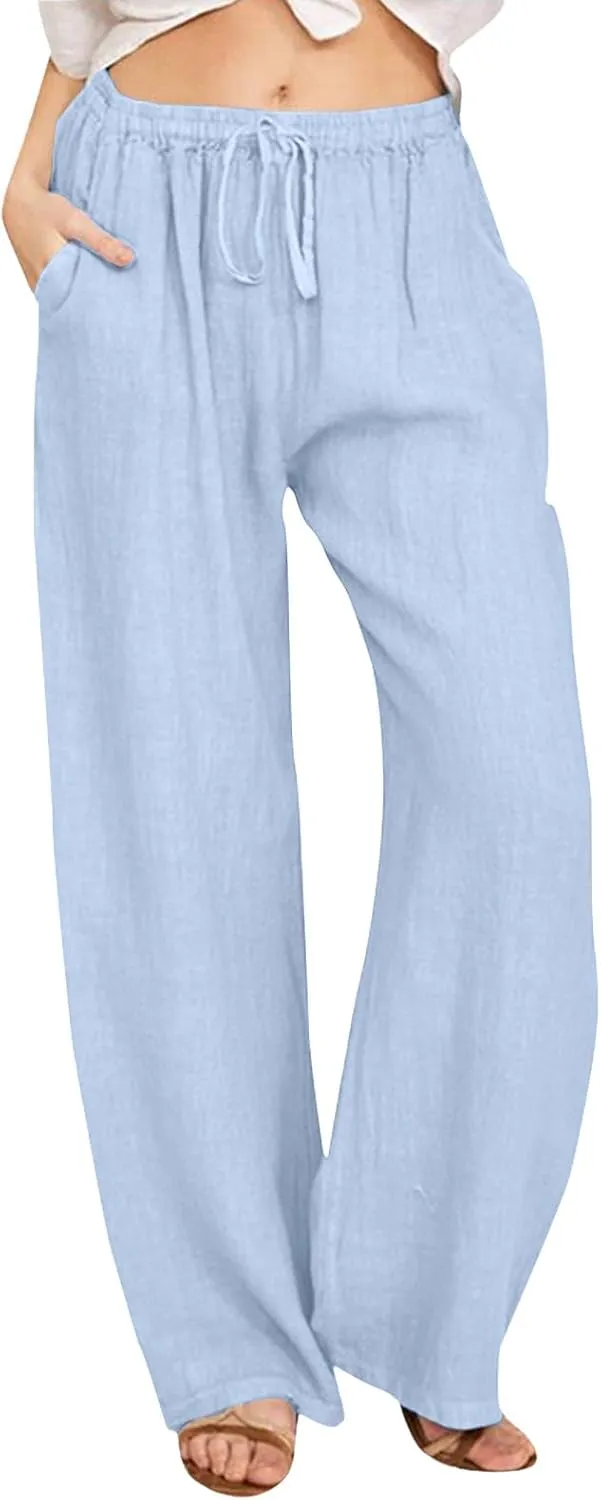 Linen Pants Women Summer,2025 Wide Leg Casual Cotton Linen Pants High Waisted Drawstring Lounge Pants Beach Trousers