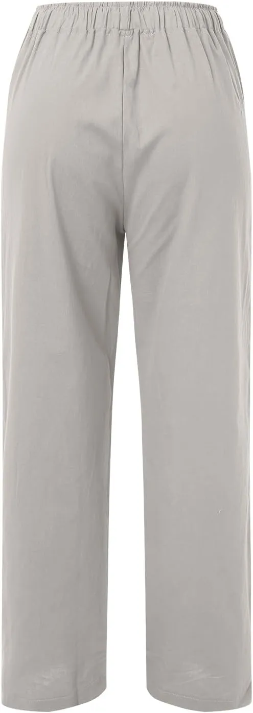 Linen Pants Women Summer,2025 Wide Leg Casual Cotton Linen Pants High Waisted Drawstring Lounge Pants Beach Trousers