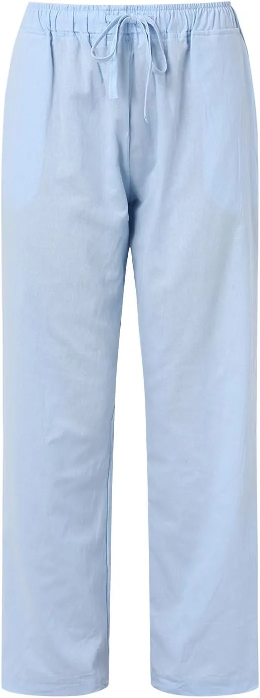 Linen Pants Women Summer,2025 Wide Leg Casual Cotton Linen Pants High Waisted Drawstring Lounge Pants Beach Trousers
