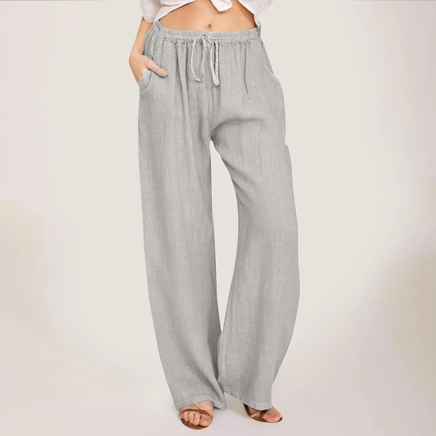 Linen Pants Women Summer,2025 Wide Leg Casual Cotton Linen Pants High Waisted Drawstring Lounge Pants Beach Trousers