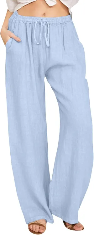 Linen Pants Women Summer,2025 Wide Leg Casual Cotton Linen Pants High Waisted Drawstring Lounge Pants Beach Trousers