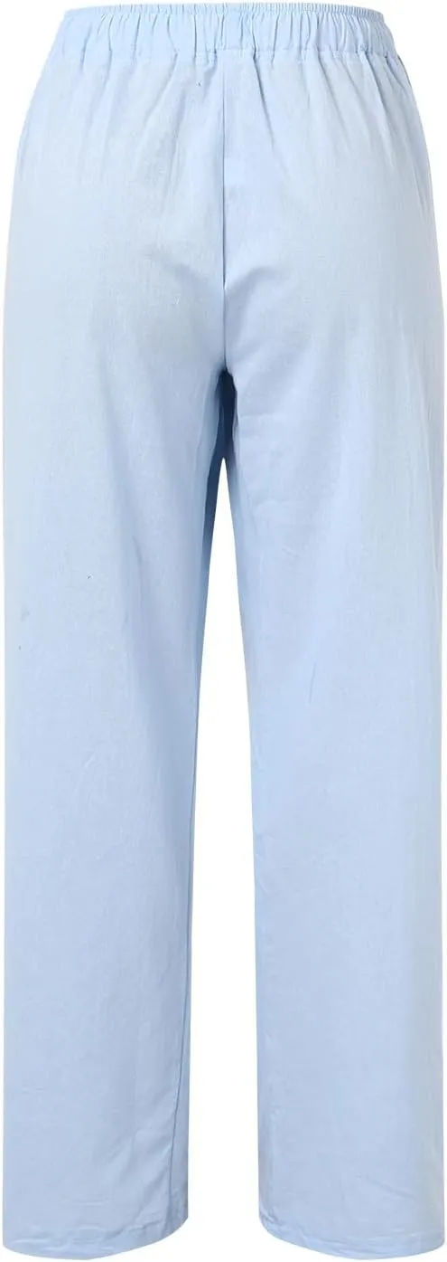 Linen Pants Women Summer,2025 Wide Leg Casual Cotton Linen Pants High Waisted Drawstring Lounge Pants Beach Trousers